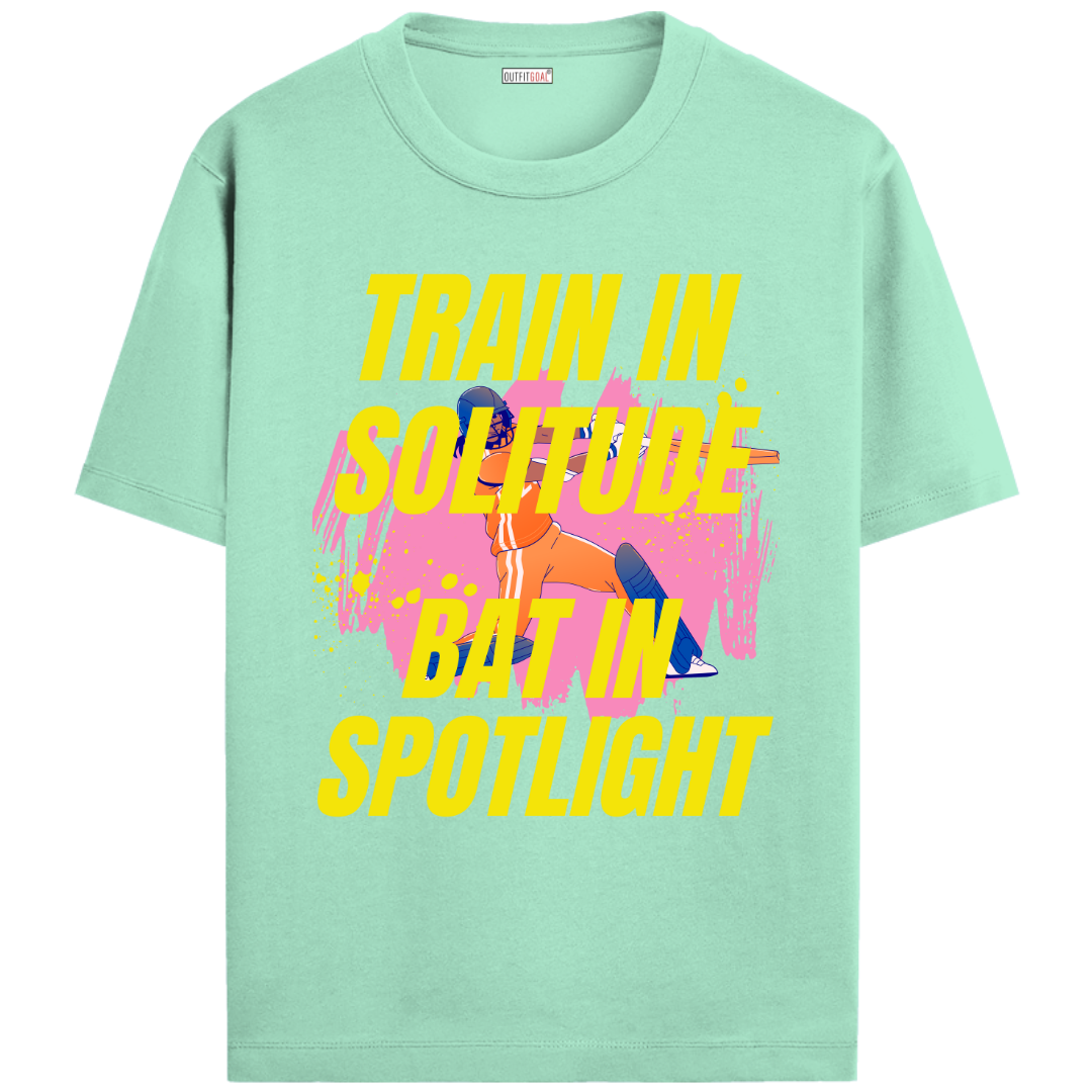 OUTFITGOAL “Train in Solitude Bat in Spotlight” Cricket Drop Tee | Bold Cricket Statement Shirt | 100% Super Combed Cotton | Bio-Washed Finish | Unisex Fit | 180 GSM Cricket Lifestyle Apparel | Athletic Fit Tee