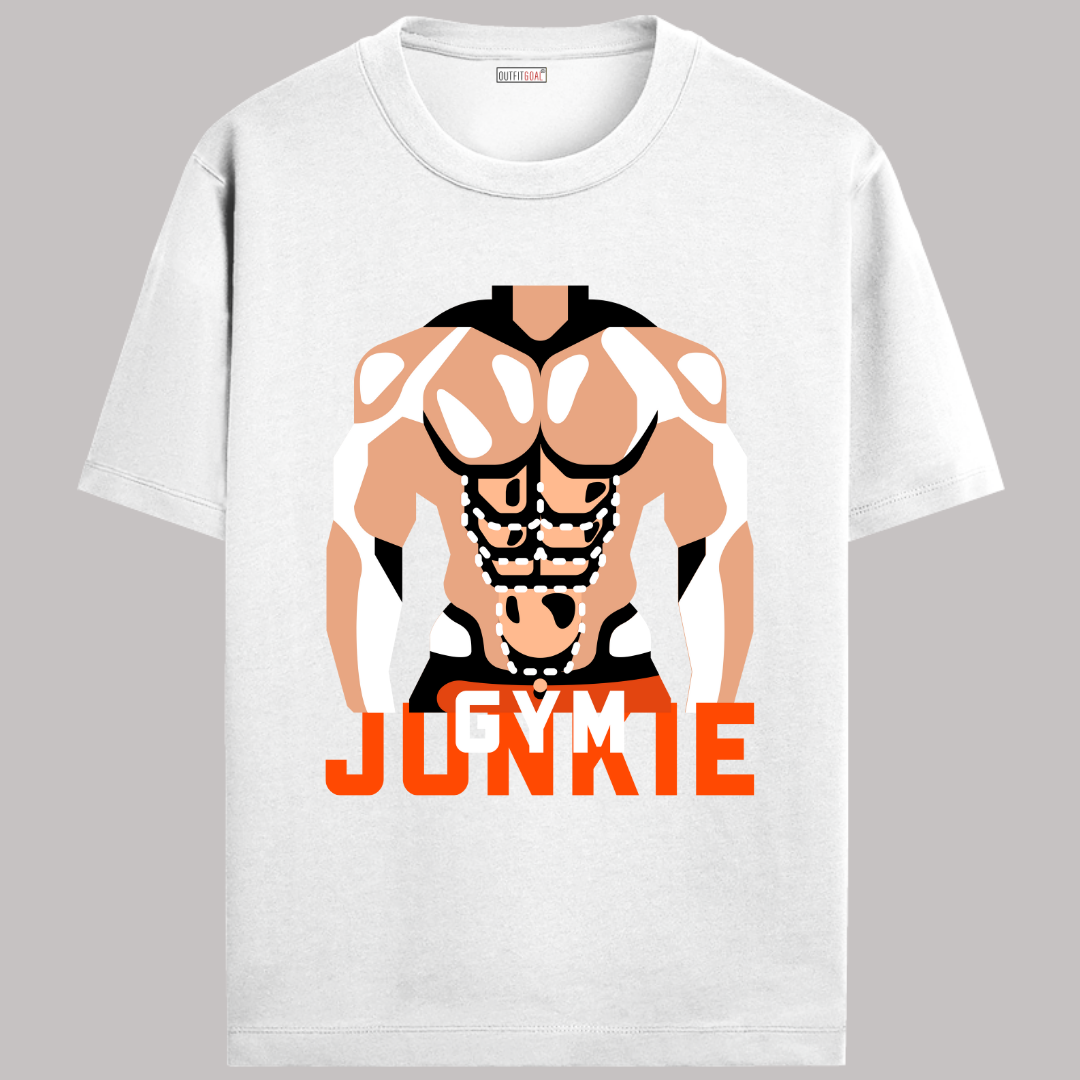 OUTFITGOAL “Gym Junkie” Motivational Gym T-Shirt | Bold Workout Tee | 100% Super Combed Cotton | Bio-Washed Finish | Unisex Fit | Fitness Lifestyle Shirt | High-Performance Gym Apparel | 180 GSM Tee