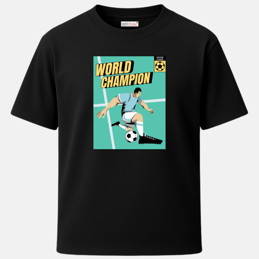 OUTFITGOAL “World Champion” Drop Tee | Bold Football Statement Shirt | Super Combed Cotton | Bio-Washed Finish | 180 GSM | Unisex Fit Football Lifestyle Apparel | Athletic Fit Tee