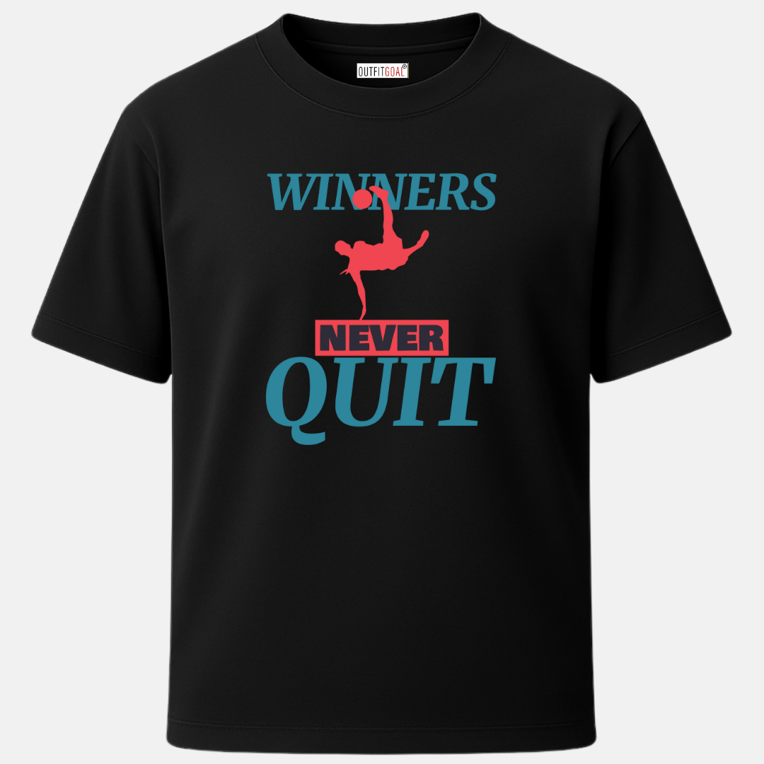 OUTFITGOAL “Winners Never Quit” Drop Tee | Bold Football Statement Shirt | Super Combed Cotton | Bio-Washed Finish | 180 GSM | Unisex Fit Football Lifestyle Apparel | Athletic Fit Tee