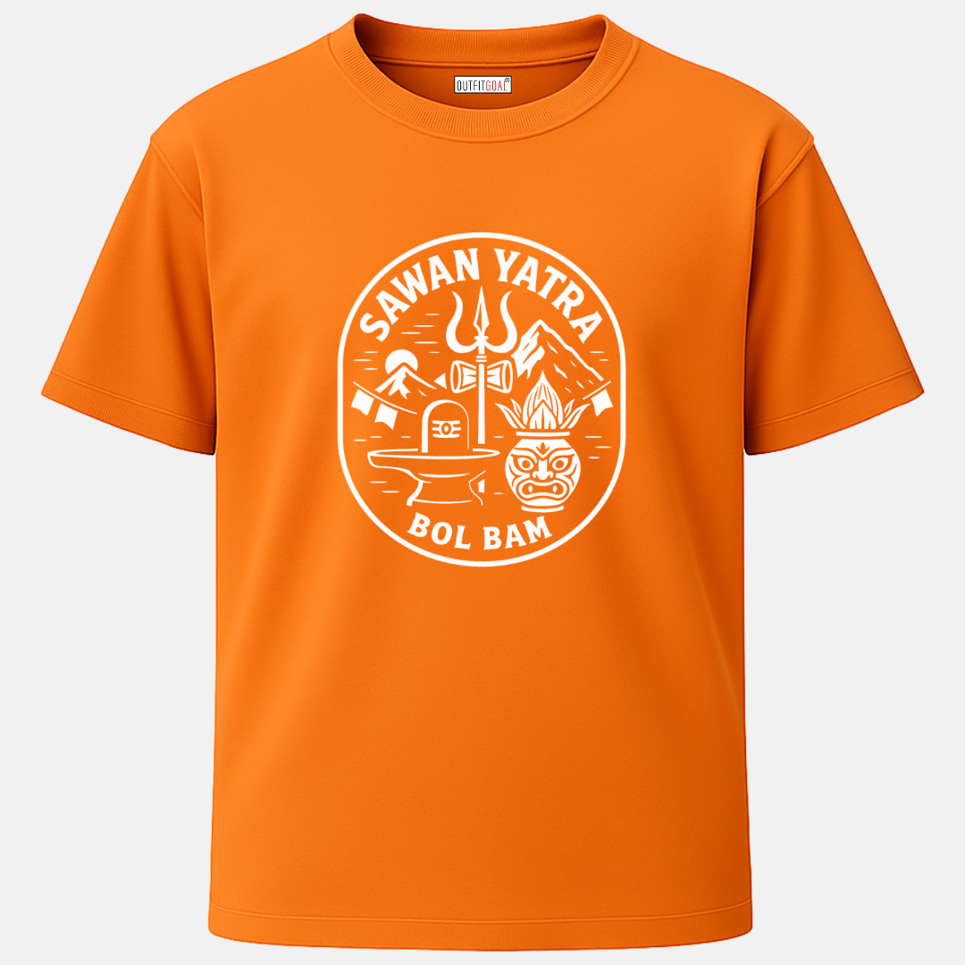 OUTFITGOAL “SAWAN YATRA – BOL BAM” Spiritual Graphic T-Shirt | Mahadev Kanwar Yatra Tee | 100% Cotton | Devotional Orange Edition