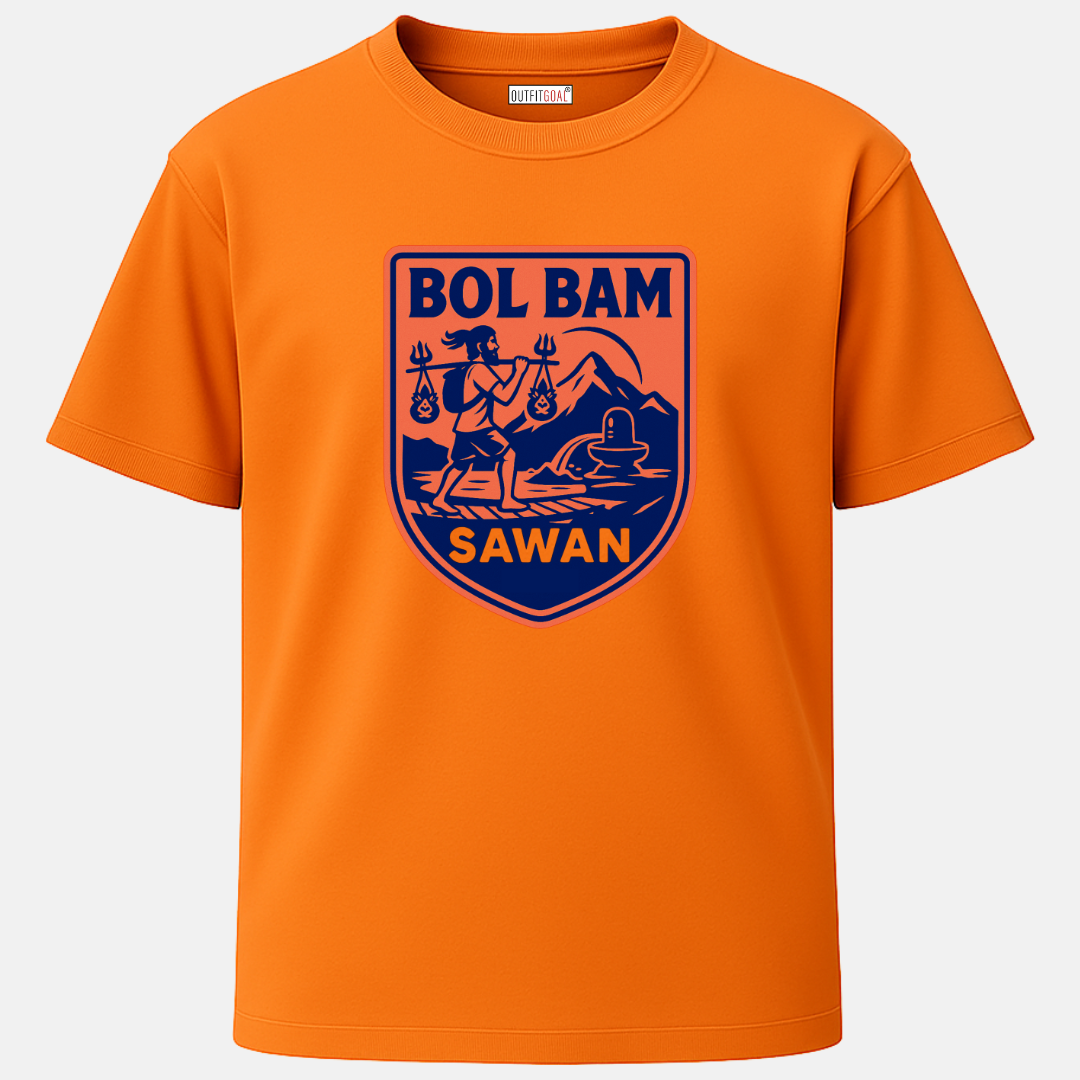 OUTFITGOAL “BOL BAM SAWAN” Kanwar Yatra Graphic T-Shirt | Spiritual Devotional Tee | 100% Cotton | Shravan Month Special Edition