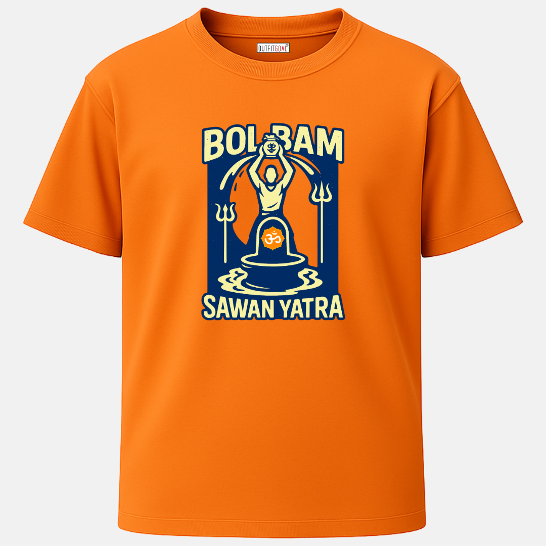 OUTFITGOAL “BOL BAM – Sawan Yatra Shivling” Devotional Orange T-Shirt | Jal Abhishek Design | 100% Cotton | Spiritual Wear for Kanwar Season