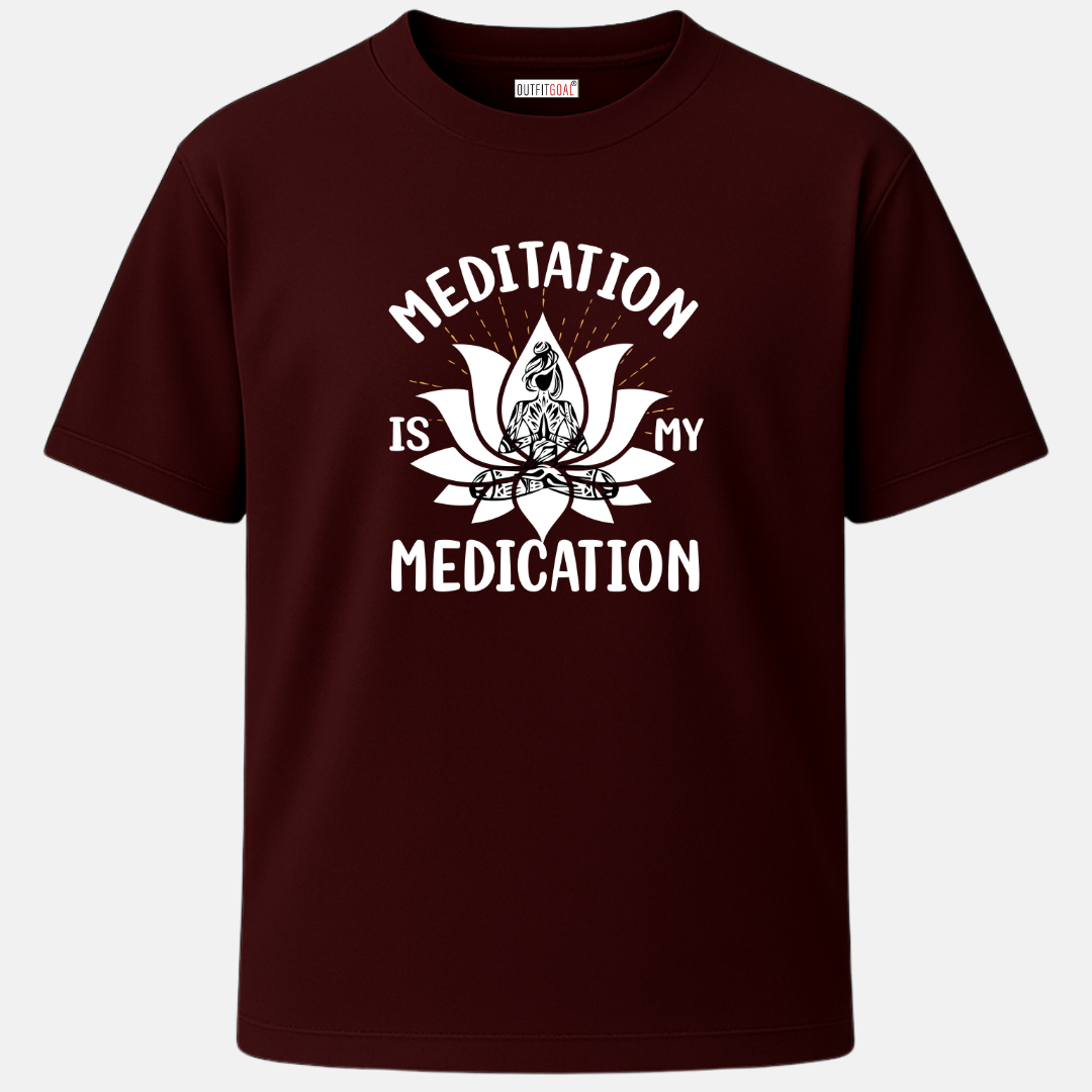 OUTFITGOAL “Meditation Is My Medication” Zen Mode Tee – Funny Yoga Inspired Unisex T-Shirt for Mindfulness & Inner Peace | 180 GSM Lightweight Cotton Tee for Wellness, Stretch & Everyday Comfort