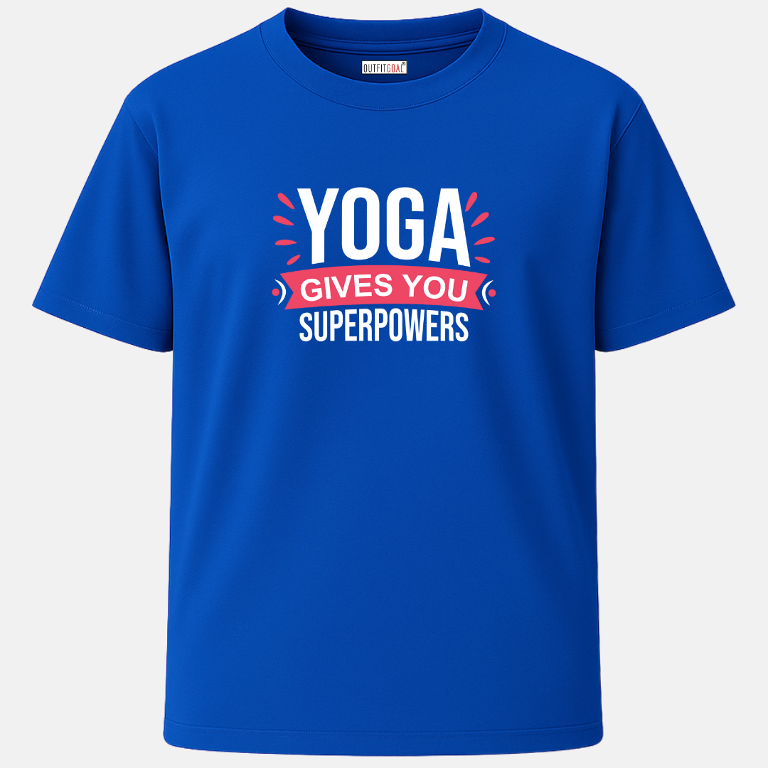 OUTFITGOAL “Yoga Gives You Superpowers” Zen Mode Tee | Bold & Mindful Yoga Inspired Shirt | 100% Super Combed Cotton | Bio-Washed Finish | 180 GSM Unisex Fit Wellness Tee for Movement & Mindfulness