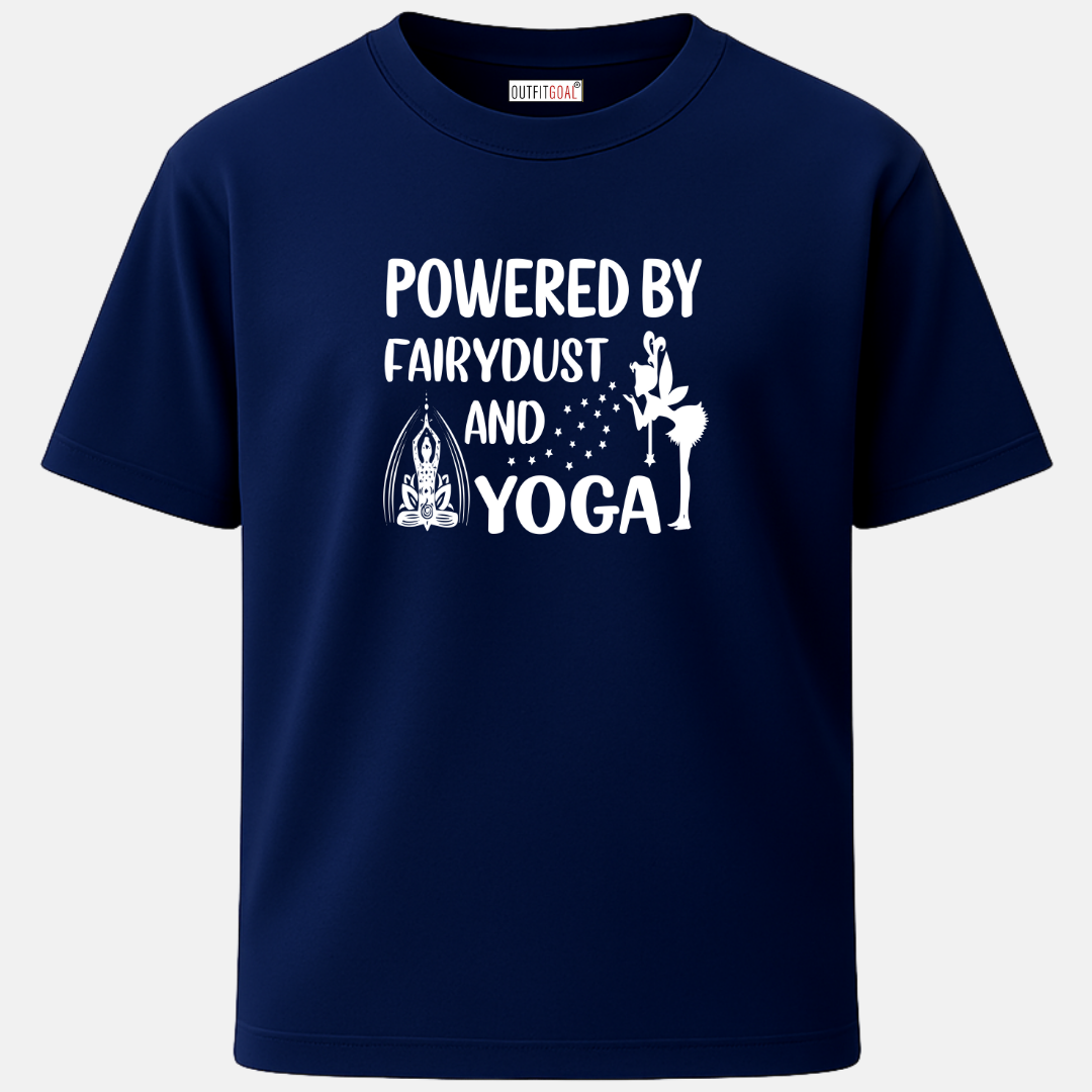 OUTFITGOAL “Powered by Fairydust and Yoga” Zen Mode Tee | Bold & Mindful Yoga Inspired Shirt | 100% Super Combed Cotton | Bio-Washed Finish | 180 GSM Unisex Fit Wellness Tee for Movement & Mindfulness