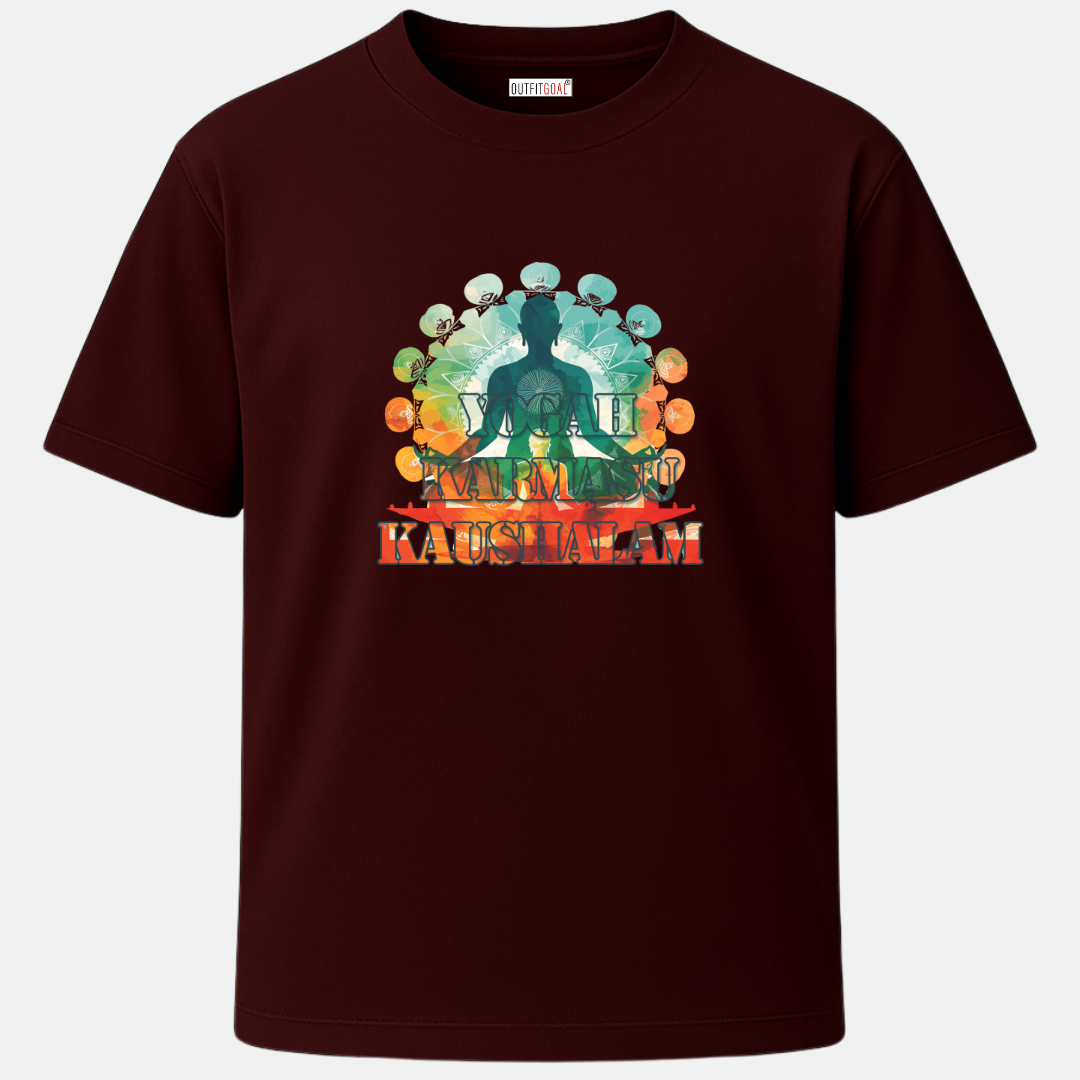 OUTFITGOAL “Yogah Karmasu Kaushalam” Zen Mode Tee | Bold & Spiritual Yoga-Inspired Unisex T-Shirt | 100% Super Combed Cotton | 180 GSM Bio-Washed Tee for Mindfulness