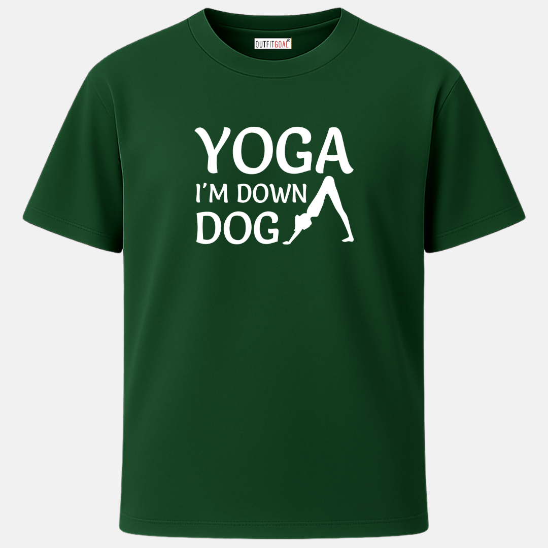 OUTFITGOAL “Yoga I’m Down Dog” Zen Mode Tee | Funny Yoga Inspired Shirt | 100% Super Combed Cotton | Bio-Washed Finish | 180 GSM | Unisex Fit Wellness Tee for Mindfulness & Movement