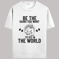OUTFITGOAL "Be the Gains You Want to See in the World" T-Shirt | Bold Statement Gym Tee for Fitness Enthusiasts | Unisex Fit | 100% Super Combed Cotton | Bio-Washed 180 GSM