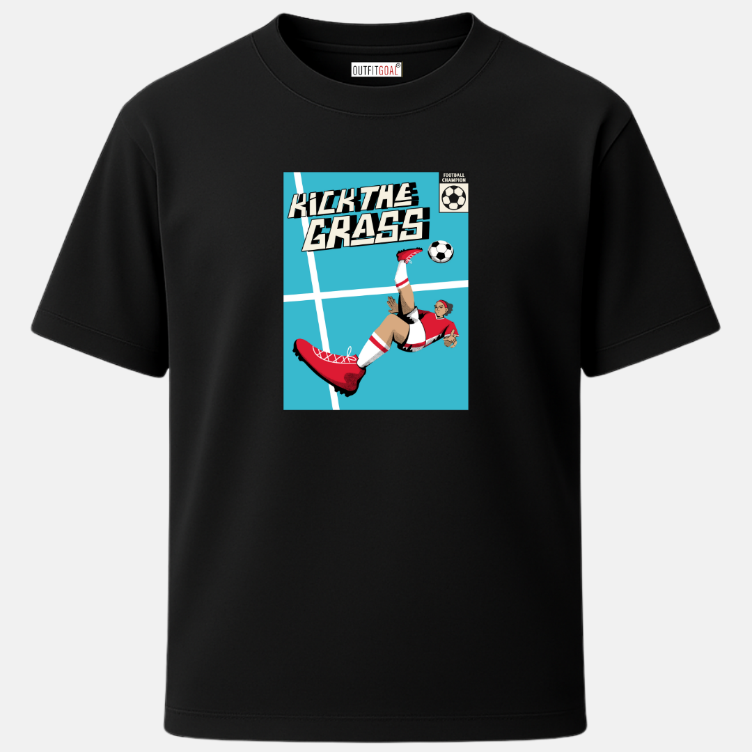 OUTFITGOAL “Kick The Grass Football Champion” Drop Tee | Bold Football Statement Shirt | Super Combed Cotton | Bio-Washed Finish | 180 GSM | Unisex Fit Football Lifestyle Apparel | Athletic Fit Tee