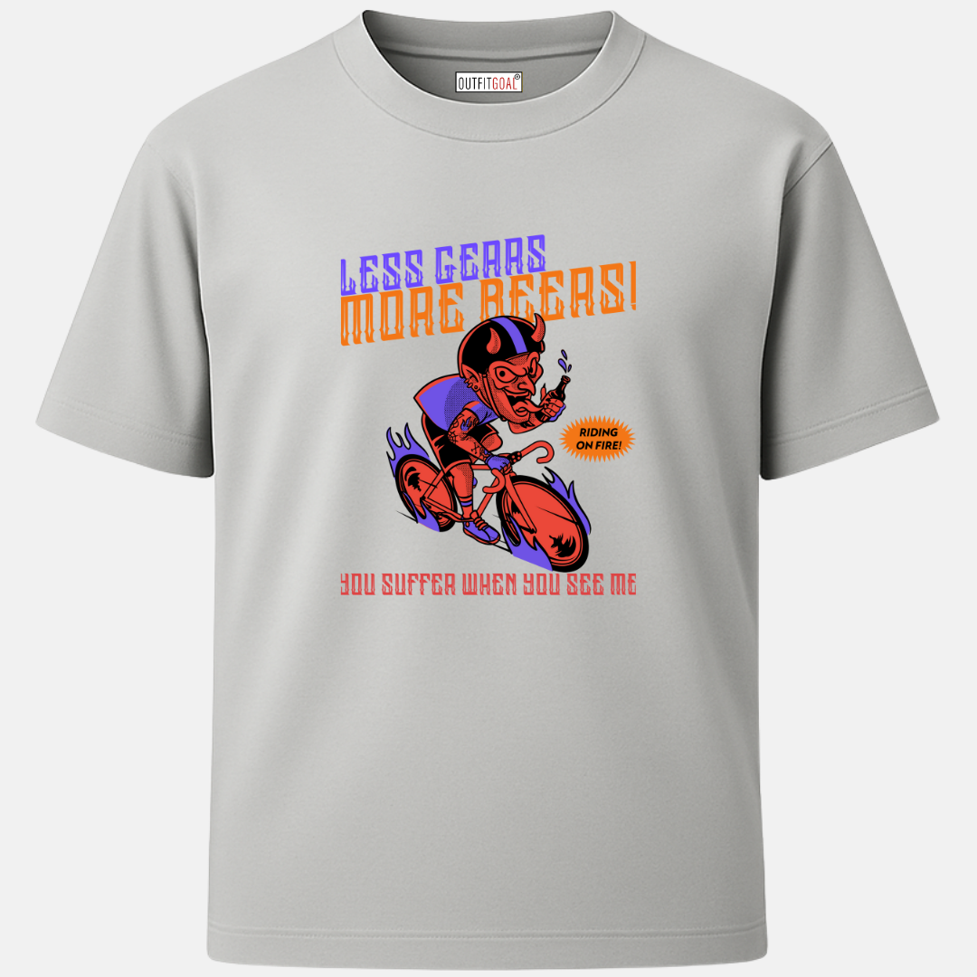 OUTFITGOAL “Less Gears more Beers” Cycling Drop Tee | Bold Cycling Statement Shirt | 100% Super Combed Cotton | Bio-Washed Finish | Unisex Fit | 180 GSM Cycling Lifestyle Apparel | Athletic Fit Tee