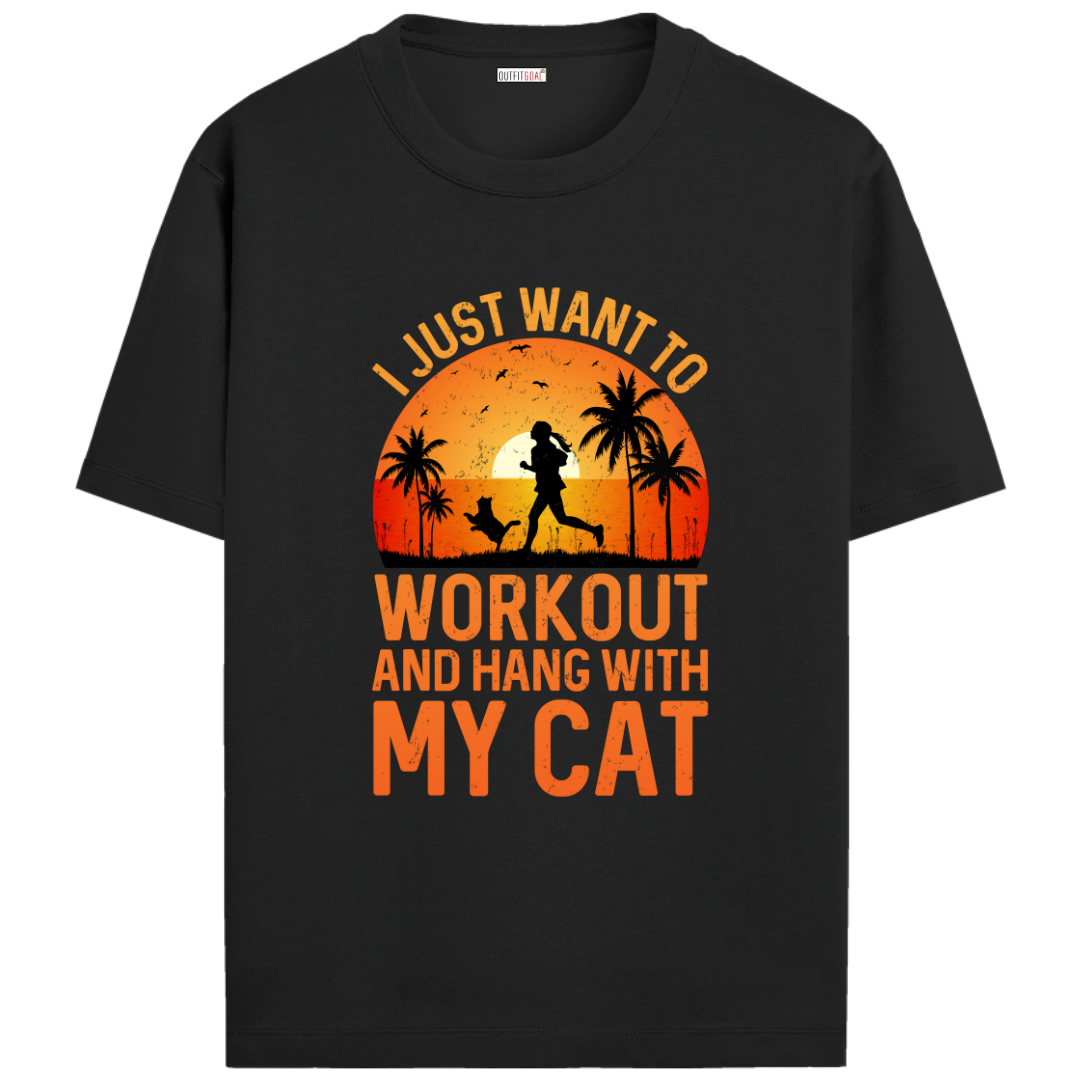 OUTFITGOAL “I Just Want to Workout and Hang with My Cat” Running T-Shirt | Funny Fitness Tee | 100% Super Combed Cotton | Bio-Washed | Unisex Fit | Cat Lover Workout Shirt | Pet Lifestyle Tee