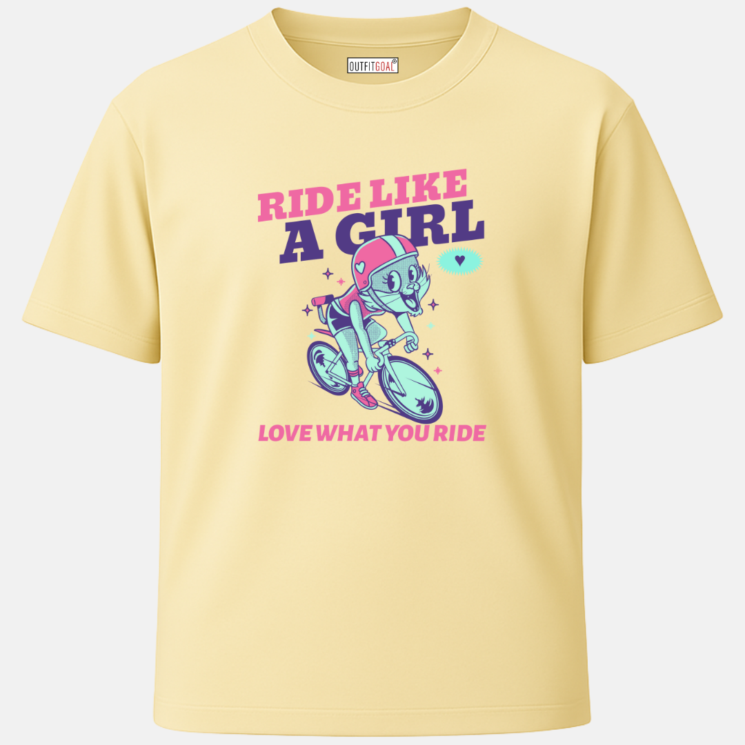 OUTFITGOAL “Ride Like a Girl, Love What You Ride” Cycling Drop Tee | Bold Cycling Statement Shirt | 100% Super Combed Cotton | Bio-Washed Finish | Unisex Fit | 180 GSM Cycling Lifestyle Apparel | Athletic Fit Tee