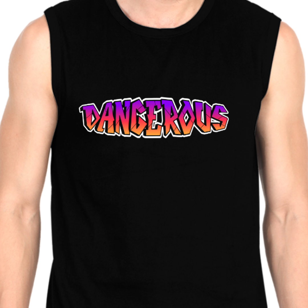 Make a bold statement with the OUTFITGOAL "Dangerous" Typography Gym Vest  | Sweat-Free 4-Way Stretch Workout Tank Top | Lightweight Regular Fit Activewear