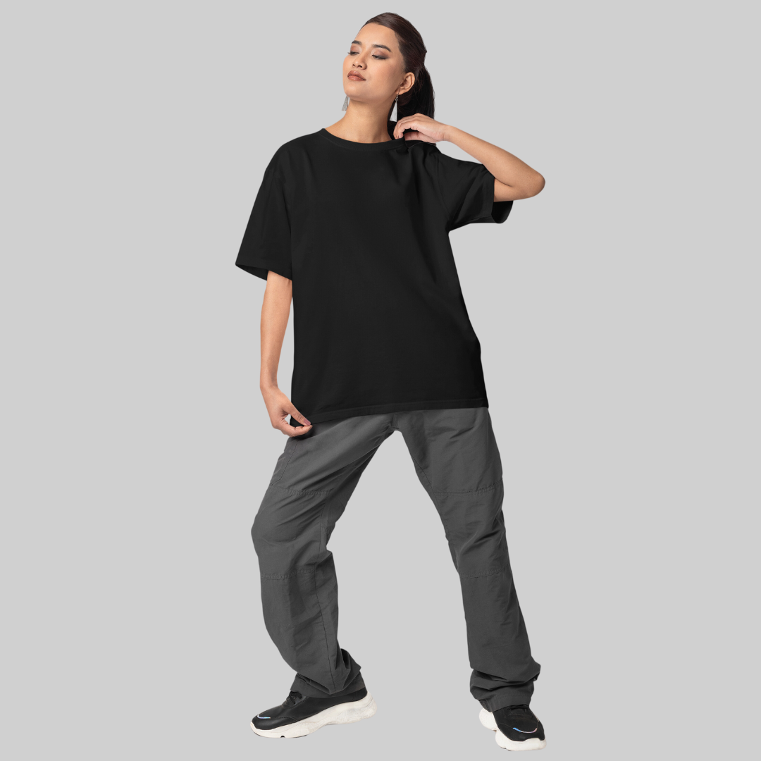 Women Drop Shoulder Terry Oversized T-Shirt Black