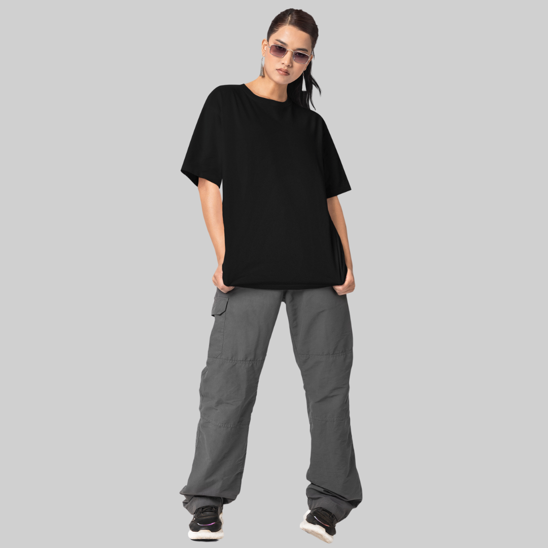 Women Drop Shoulder Terry Oversized T-Shirt Black