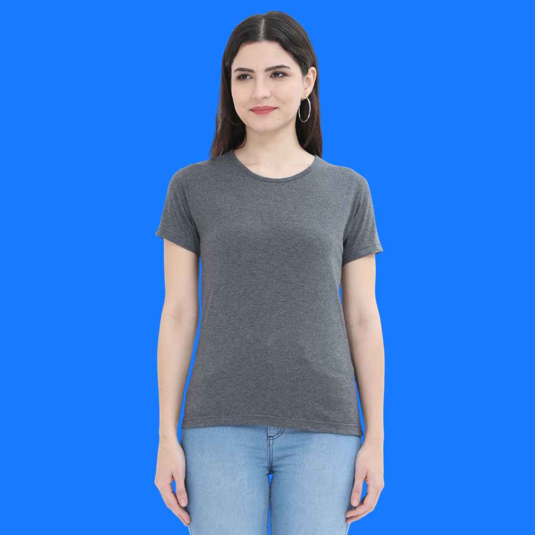 Women Round Neck Half Sleeve Classic Charcoal Melange