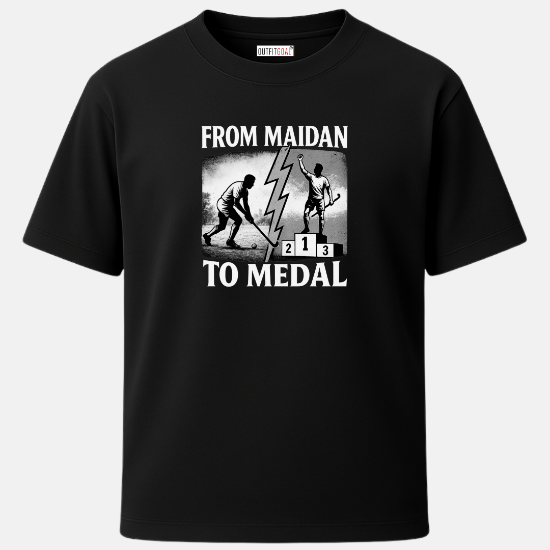 OUTFITGOAL “From Maidan to Medal” Hockey Journey Graphic T-Shirt | 100% Super Combed Cotton | 180 GSM | Bio-Washed for Everyday Comfort | Unisex Fit