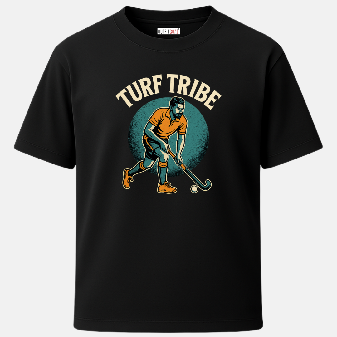 OUTFITGOAL “Turf Tribe” Field Hockey Graphic T-Shirt | 100% Super Combed Cotton | 180 GSM | Bio-Washed for Long-Lasting Comfort and Team Spirit