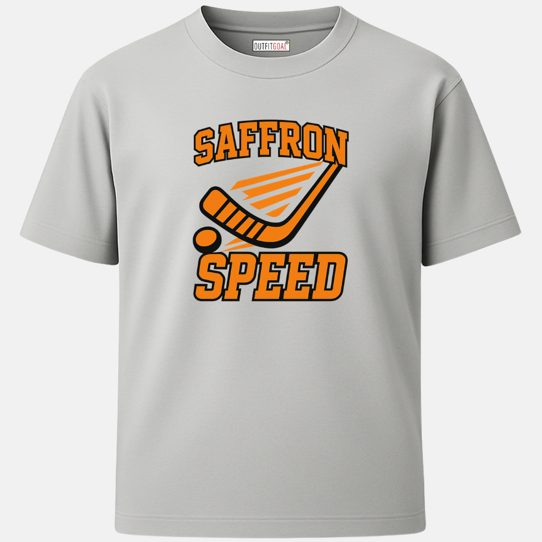 OUTFITGOAL “Saffron Speed” Hockey Graphic T-Shirt | 100% Super Combed Cotton | 180 GSM | Bio-Washed for Long-Lasting Comfort and Softness