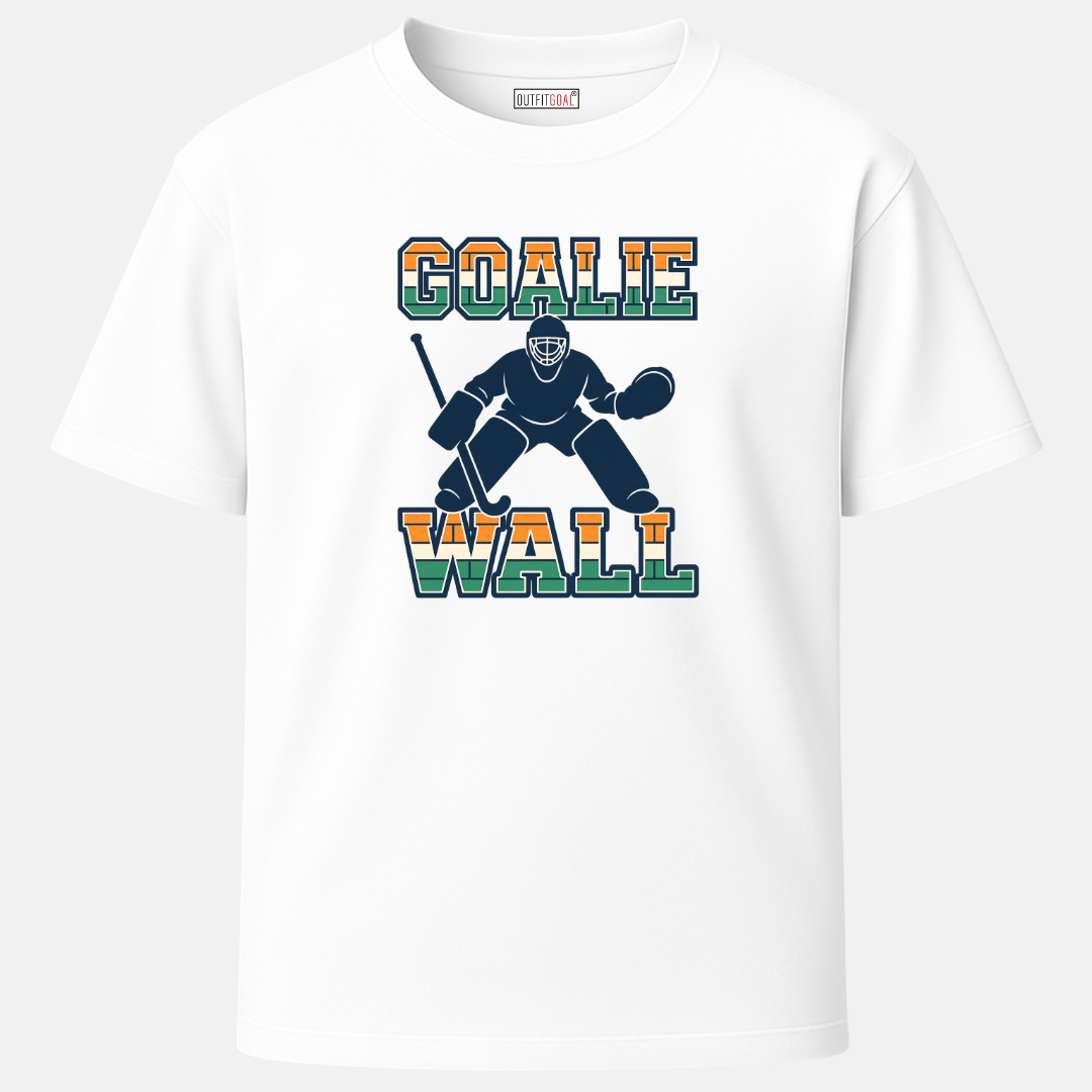 OUTFITGOAL “Goalie Wall” Hockey Graphic T-Shirt | 100% Super Combed Cotton | 180 GSM | Bio-Washed for Long-Lasting Comfort and Softness