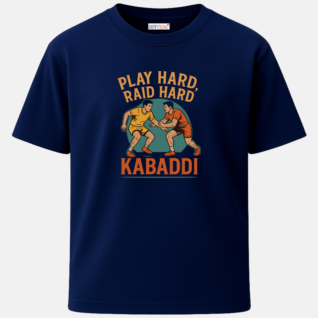 OUTFITGOAL “Play Hard, Raid Hard” Kabaddi Graphic T-Shirt | 100% Super Combed Cotton | 180 GSM | Bio-Washed for Long-Lasting Comfort and Softness