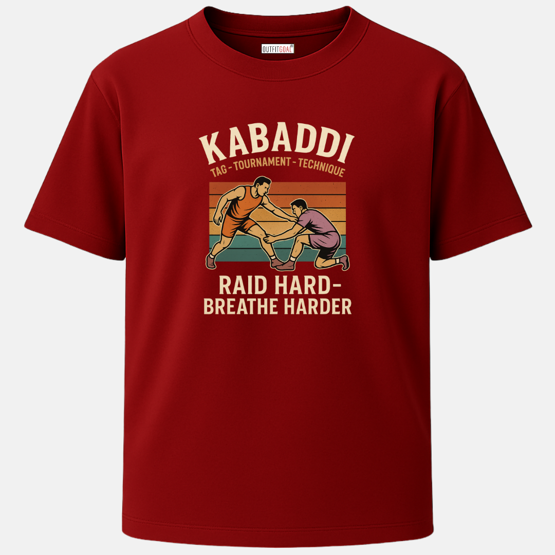 OUTFITGOAL “Kabaddi: Raid Hard – Breathe Harder” Graphic T-Shirt | 100% Super Combed Cotton | 180 GSM | Bio-Washed | Tag · Tournament · Technique