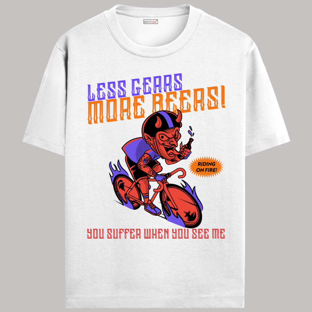 OUTFITGOAL “Less Gears more Beers” Cycling Drop Tee | Bold Cycling Statement Shirt | 100% Super Combed Cotton | Bio-Washed Finish | Unisex Fit | 180 GSM Cycling Lifestyle Apparel | Athletic Fit Tee