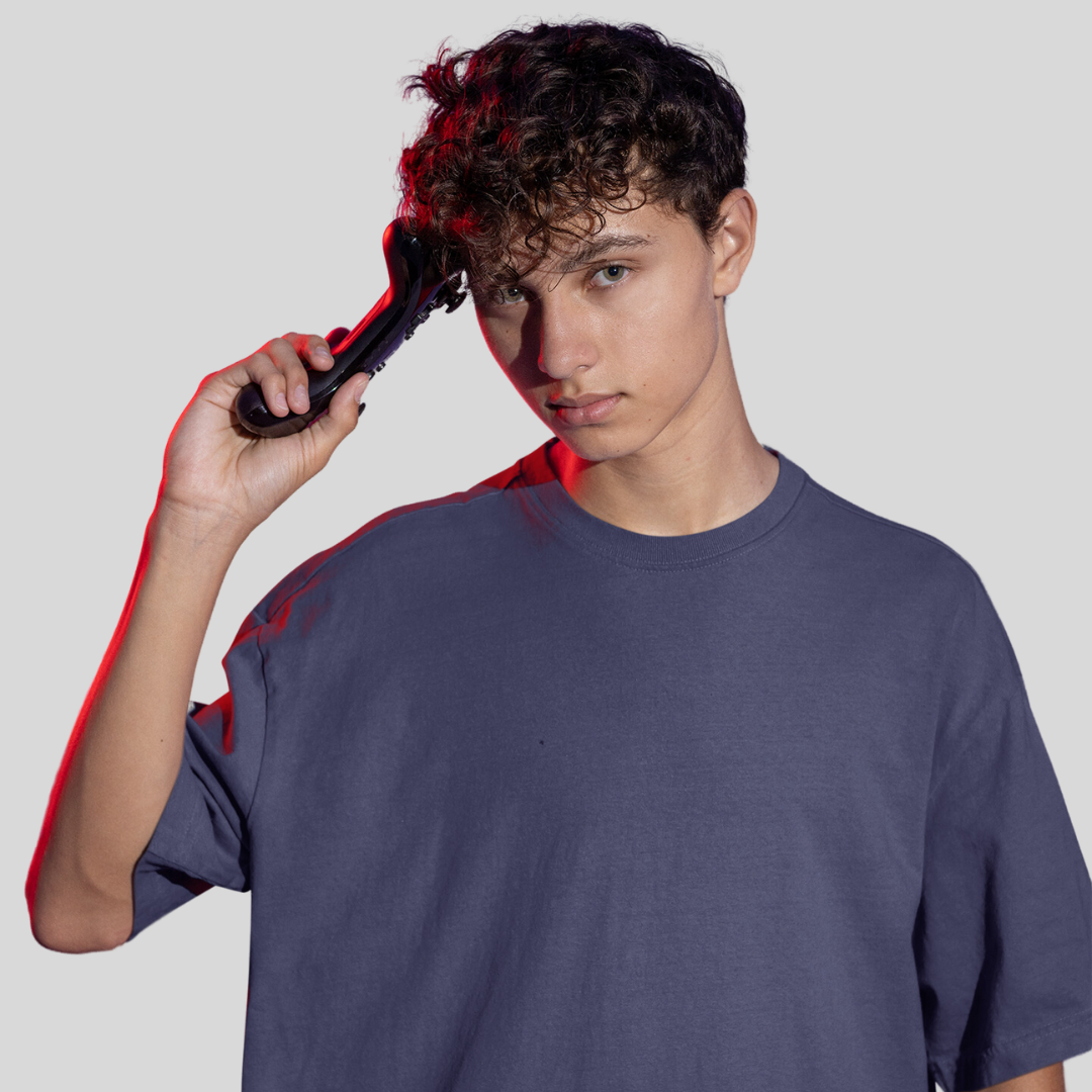 Men Drop Shoulder Terry Oversized T-Shirt Navy Blue