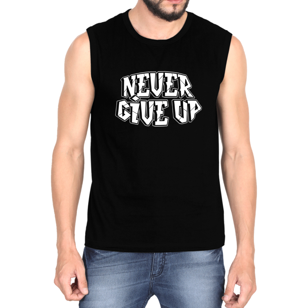 Make a bold statement with the OUTFITGOAL "NEVER GIVE UP" Typography Gym Vest  | Sweat-Free 4-Way Stretch Workout Tank Top | Lightweight Regular Fit Activewear