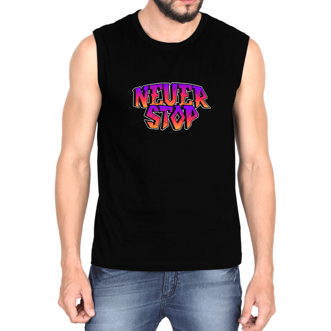 Make a bold statement with the OUTFITGOAL "NEVER STOP" Typography Gym Vest  | Sweat-Free 4-Way Stretch Workout Tank Top | Lightweight Regular Fit Activewear