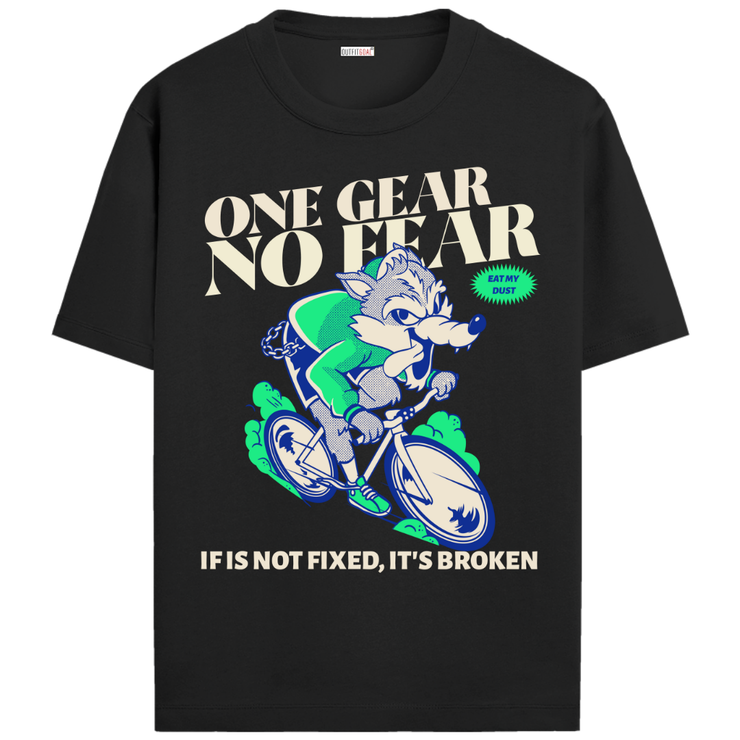 OUTFITGOAL “One Gear No Fear Eat My Dust – If It’s Not Fixed, It’s Broken” Cycling Drop Tee | Bold Cycling Statement Shirt | 100% Super Combed Cotton | Bio-Washed Finish | Unisex Fit | 180 GSM Cycling Lifestyle Apparel | Athletic Fit Tee