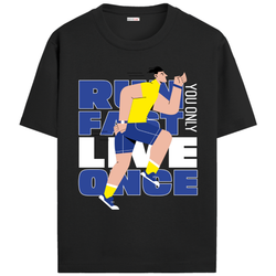 OUTFITGOAL “Run Fast Live One You Only” Drop Tee | Bold Running Statement Shirt | Super Combed Cotton | Bio-Washed Finish | 180 GSM | Unisex Fit Running Lifestyle Apparel | Athletic Fit Tee
