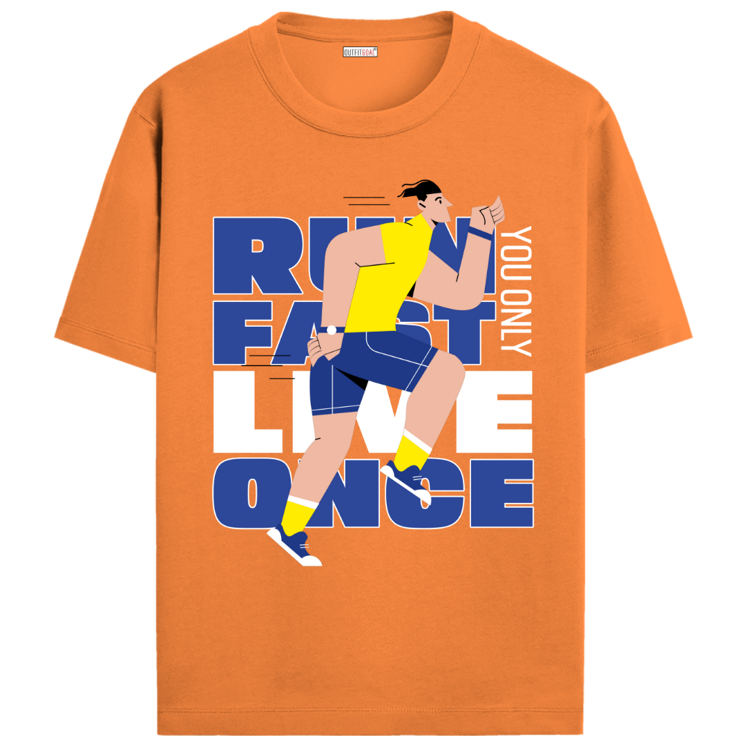 OUTFITGOAL “Run Fast Live One You Only” Drop Tee | Bold Running Statement Shirt | Super Combed Cotton | Bio-Washed Finish | 180 GSM | Unisex Fit Running Lifestyle Apparel | Athletic Fit Tee