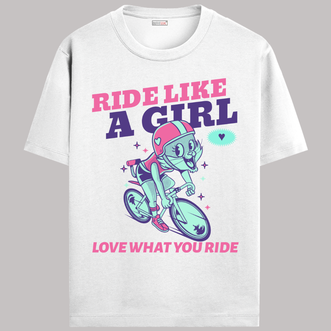 OUTFITGOAL “Ride Like a Girl, Love What You Ride” Cycling Drop Tee | Bold Cycling Statement Shirt | 100% Super Combed Cotton | Bio-Washed Finish | Unisex Fit | 180 GSM Cycling Lifestyle Apparel | Athletic Fit Tee
