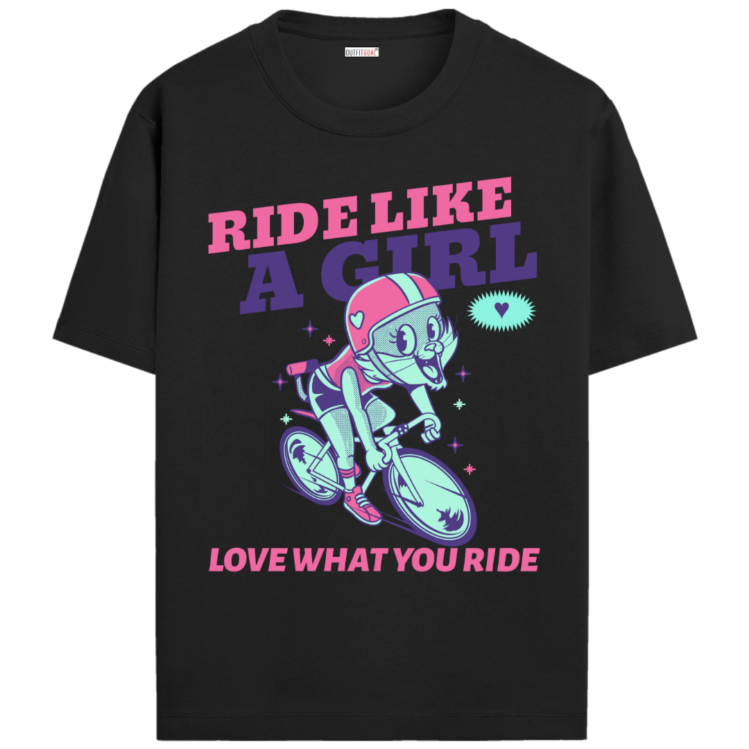 OUTFITGOAL “Ride Like a Girl, Love What You Ride” Cycling Drop Tee | Bold Cycling Statement Shirt | 100% Super Combed Cotton | Bio-Washed Finish | Unisex Fit | 180 GSM Cycling Lifestyle Apparel | Athletic Fit Tee