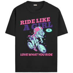 OUTFITGOAL “Ride Like a Girl, Love What You Ride” Cycling Drop Tee | Bold Cycling Statement Shirt | 100% Super Combed Cotton | Bio-Washed Finish | Unisex Fit | 180 GSM Cycling Lifestyle Apparel | Athletic Fit Tee