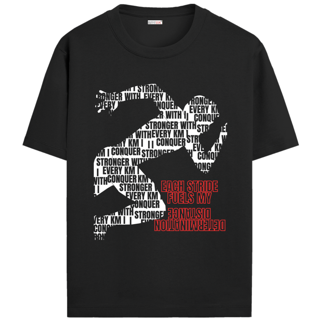 OUTFITGOAL “Each Stride Fuels My Distance Determination” Drop Tee | Bold Running Statement Shirt | Super Combed Cotton | Bio-Washed Finish | 180 GSM | Unisex Fit Running Lifestyle Apparel | Athletic Fit Tee