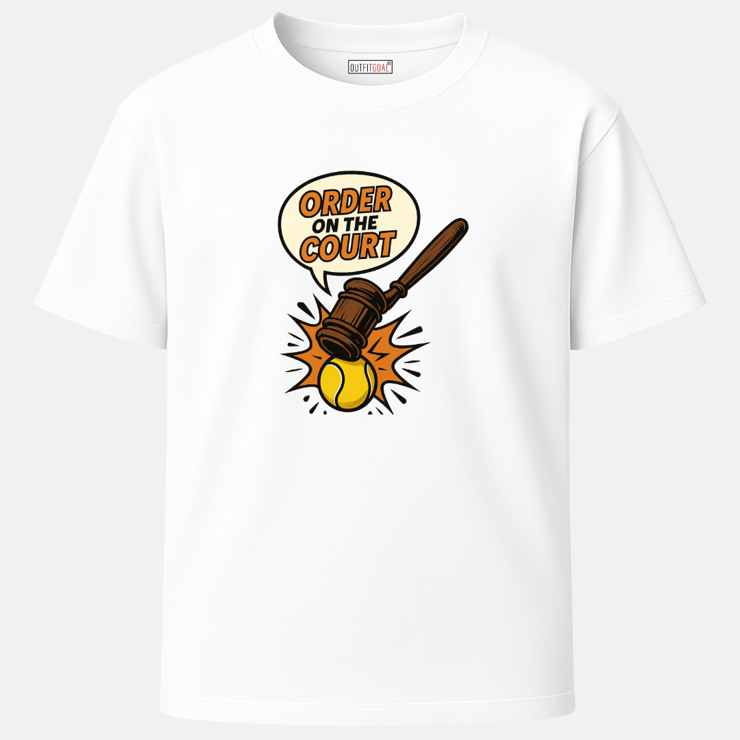 OUTFITGOAL “Order On The Court” Tennis Comic Graphic T-Shirt | 100% Super Combed Cotton | 180 GSM | Bio-Washed for Maximum Comfort and Style