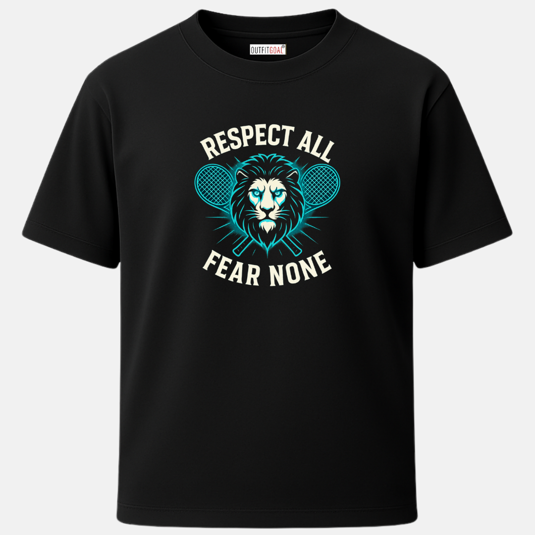 OUTFITGOAL “Respect All, Fear None” Tennis Lion Graphic T-Shirt | 100% Super Combed Cotton | 180 GSM | Bio-Washed for Confidence and Comfort