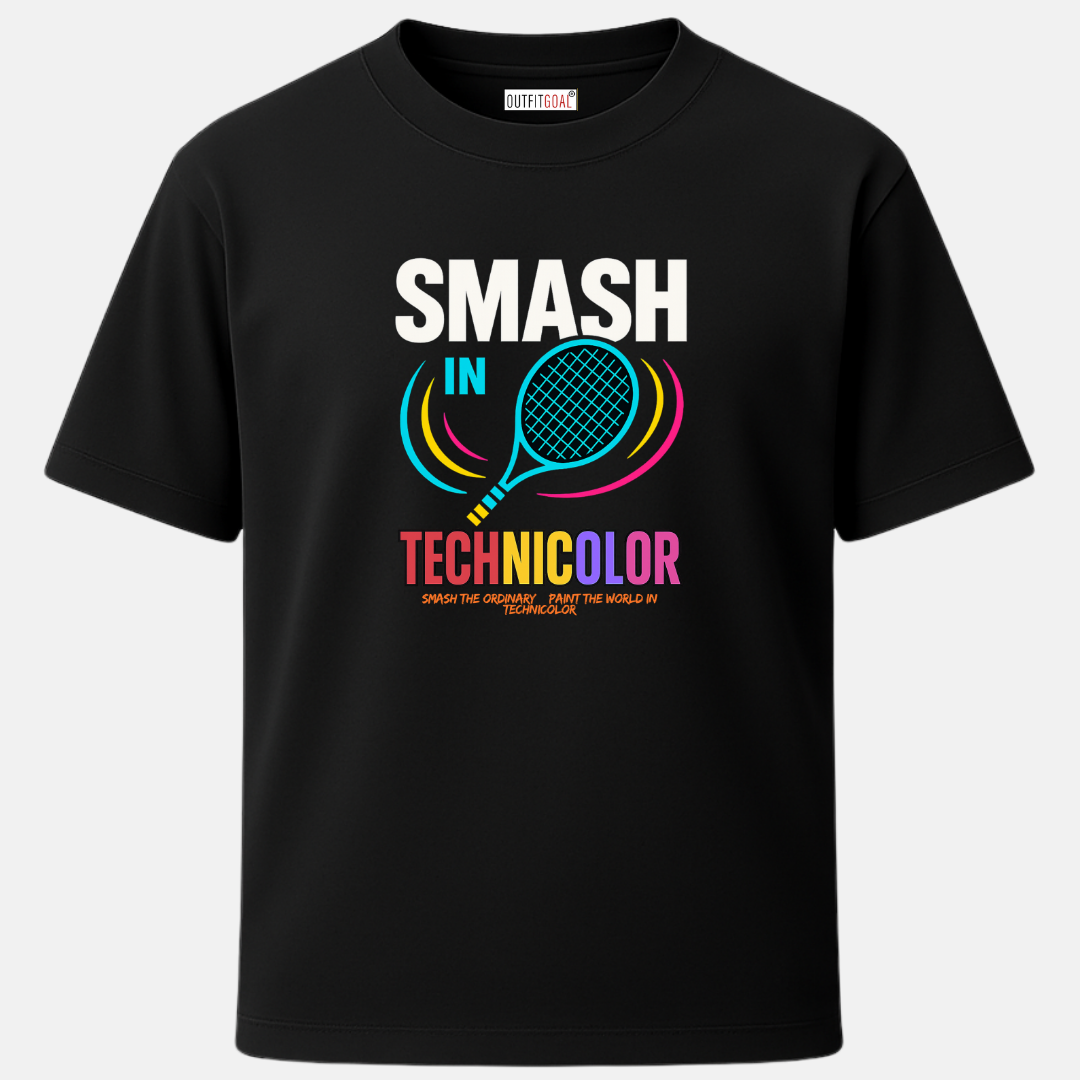 OUTFITGOAL “Smash in Technicolor” Tennis Graphic T-Shirt | Vibrant Sportswear | 100% Super Combed Cotton | 180 GSM | Bio-Washed for Comfort and Style